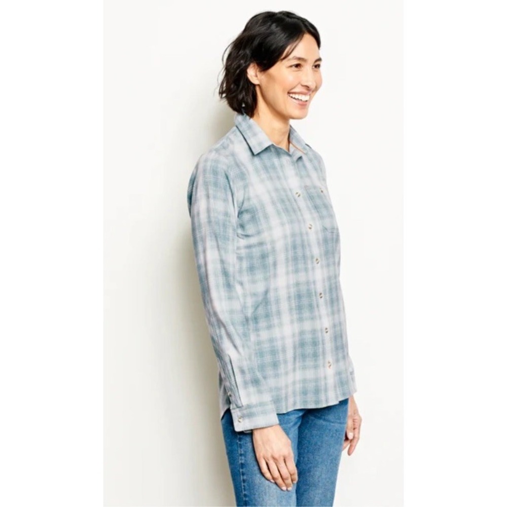 Orvis-Women's Tech Chambray Long-Sleeve Work Shirt Dusty Blue Plaid Upf 30 Large